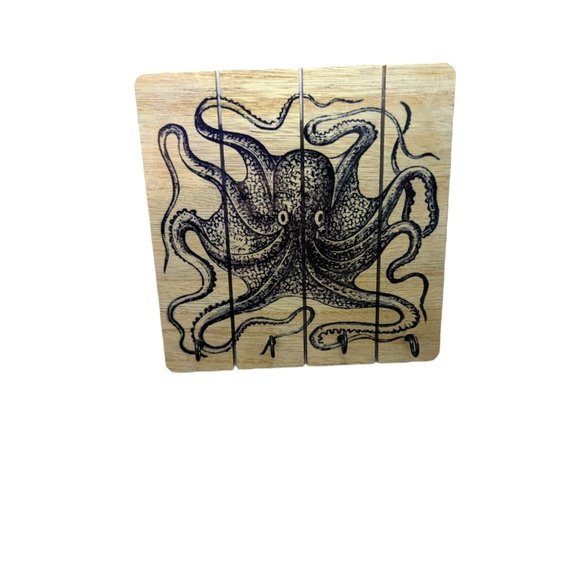 Vintage Octopus Illustration Printed Wooden Square Necklace Key Holder Gothic - Picture 3 of 10